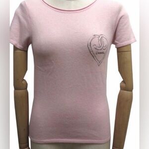 CHANEL Archival 09C Short Sleeve Cashmere Knit Heart CC Logo Sweater